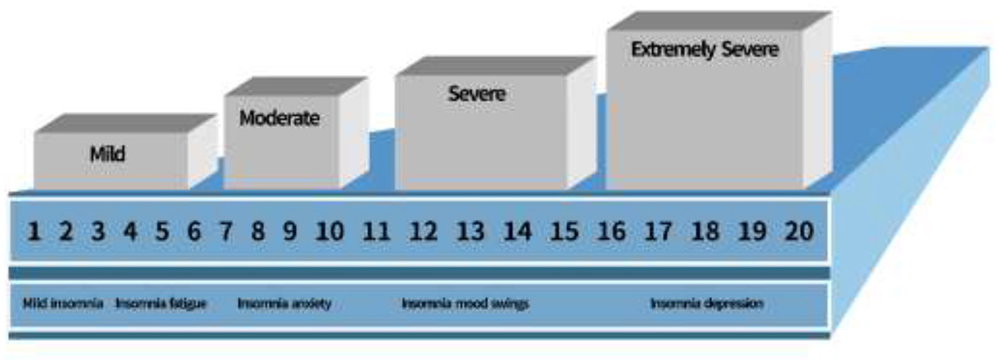 Bar chart depicting levels of insomnia severity from mild to extremely severe, with a scale from 1 to 20. Descriptions under each level include symptoms like fatigue, anxiety, mood swings, and depression.