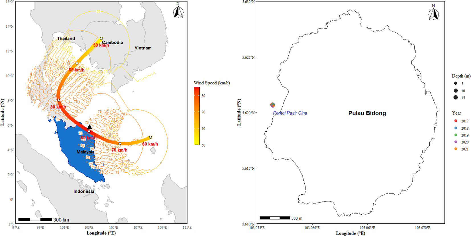 Map on the left shows wind speed contours over Southeast Asia, with colors indicating speeds from 50 to 80 km/h, affecting Thailand, Cambodia, and Malaysia. The right map depicts Pulau Bidong, marking various sampling points from 2017 to 2021 near Pantai Pasir Cina, categorized by depth and year.