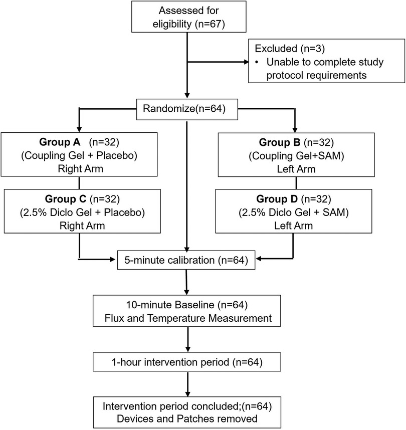 Flowchart illustrating a study process. Sixty-seven participants were assessed for eligibility, with three excluded due to unmet protocol requirements. Sixty-four participants were randomized into four groups: A (Coupling Gel + Placebo, Right Arm), B (Coupling Gel + SAM, Left Arm), C (2.5% Diclo Gel + Placebo, Right Arm), and D (2.5% Diclo Gel + SAM, Left Arm). All groups underwent a 5-minute calibration, a 10-minute baseline for flux and temperature measurement, followed by a 1-hour intervention. Post-intervention, devices and patches were removed.