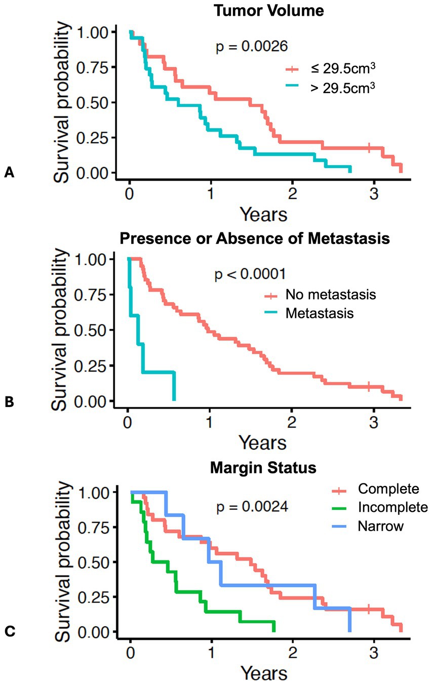 Three Kaplan-Meier survival plots compare different variables. Plot A shows survival probability over time for tumor volumes ≤ 29.5 cm³ versus > 29.5 cm³, with a p-value of 0.0026. Plot B compares survival for the presence versus absence of metastasis, with a p-value < 0.0001. Plot C examines survival based on margin status: complete, incomplete, and narrow, with a p-value of 0.0024. Each plot shows decreasing survival probability over time.