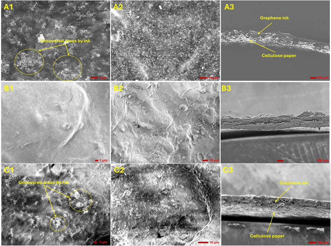 Microscopic images showing different treatments of cellulose paper with graphene ink. Panels A1, B1, C1 display surfaces with uncovered ink areas indicated. A2, B2, C2 illustrate surface texture variations. A3, B3, C3 show cross-sections highlighting layers of graphene ink on cellulose. Scales vary between one micro meter and one hundred micro meters. Yellow labels indicate specific features.