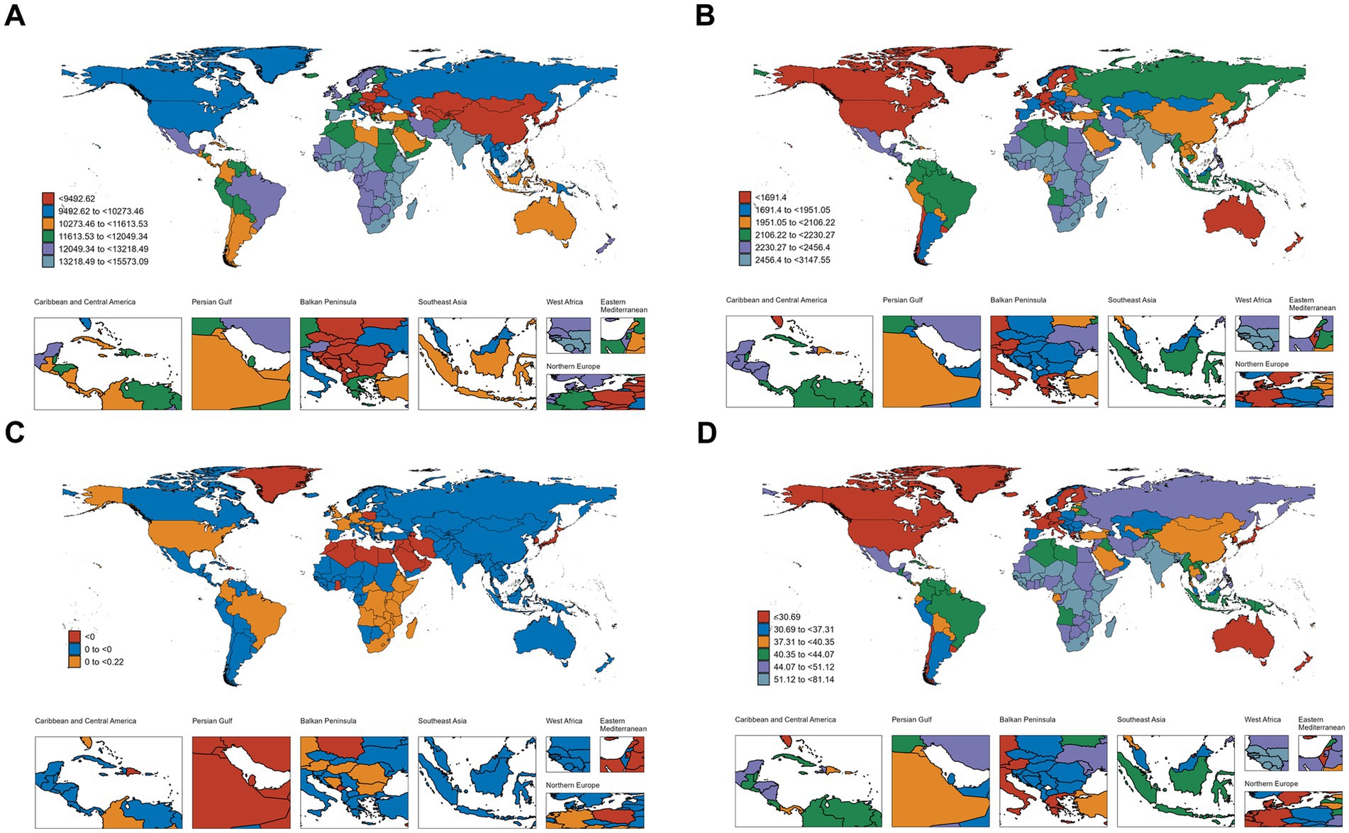 Four global maps titled A, B, C, and D display data variations with color coding. Colors represent different numerical ranges specific to each map. Enlarged regions below each map show Caribbean and Central America, Persian Gulf, Balkan Peninsula, Southeast Asia, West Africa, Eastern Mediterranean, and Northern Europe. A legend is included for each map.