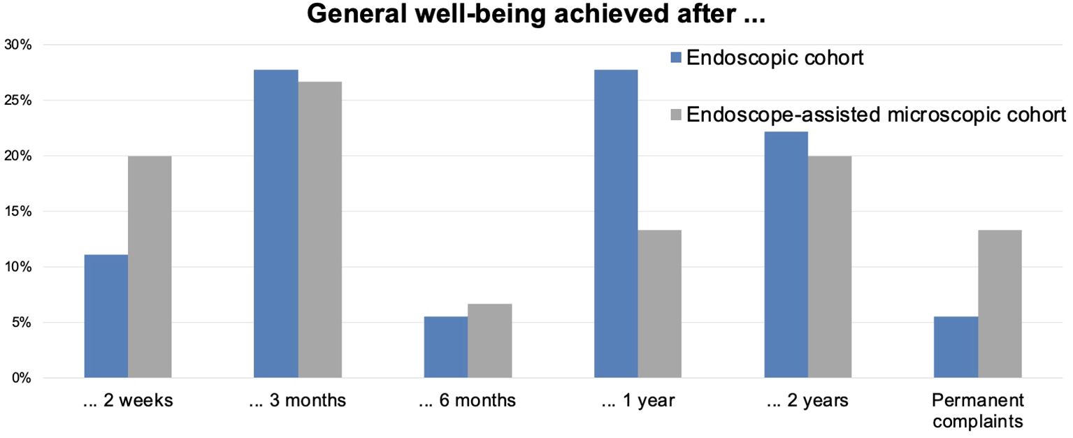 Bar chart showing general well-being achieved after specified durations for two cohorts: endoscopic in blue and endoscope-assisted microscopic in gray. Both cohorts show highest well-being after one year, with lower percentages at two weeks, three months, and six months. Permanent complaints are higher in the endoscope-assisted microscopic cohort.