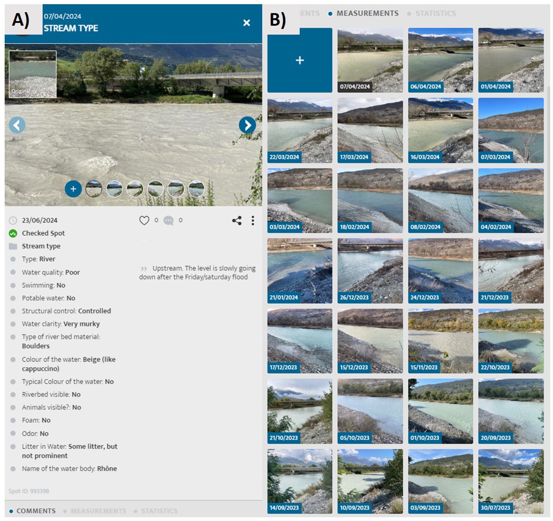 Panel A shows an entry into the CrowdWater app with an image with details about the stream type, dated April 7, 2024. The water quality is described as poor, murky, and beige. The water is not considered suitable for bathing or drinking. The stream is considered to be controlled, the water as clear, the riverbed to have boulders and there is some litter present. The river name is Rhône. Panel B displays a grid of various images of the same spot with dates ranging from December 21, 2023, to April 7, 2024.