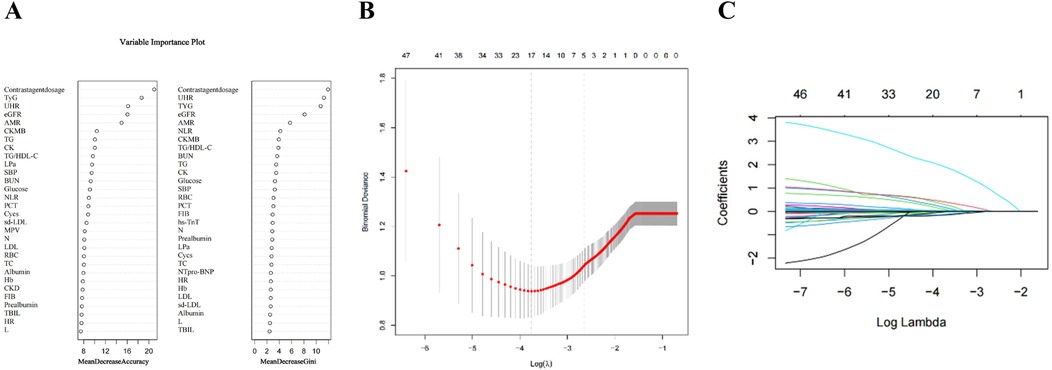 Panel A displays a variable importance plot with two columns showing the mean decrease in accuracy and Gini index for various variables. Panel B shows a binomial deviance plot with logarithmic lambda values on the x-axis and observed deviations. Panel C is a coefficient plot with log lambda on the x-axis, showing multiple colored lines representing different coefficients decreasing towards the origin.
