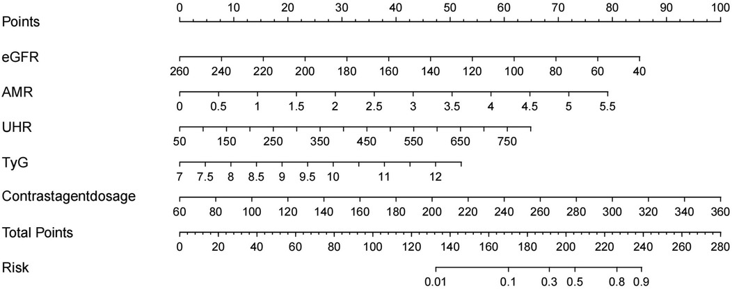 Nomogram with labeled scales for calculating risk. Scales include Points, eGFR, AMR, UHR, TyG, Contrast agent dosage, Total Points, and Risk. Each scale has different numerical ranges to assess various parameters.