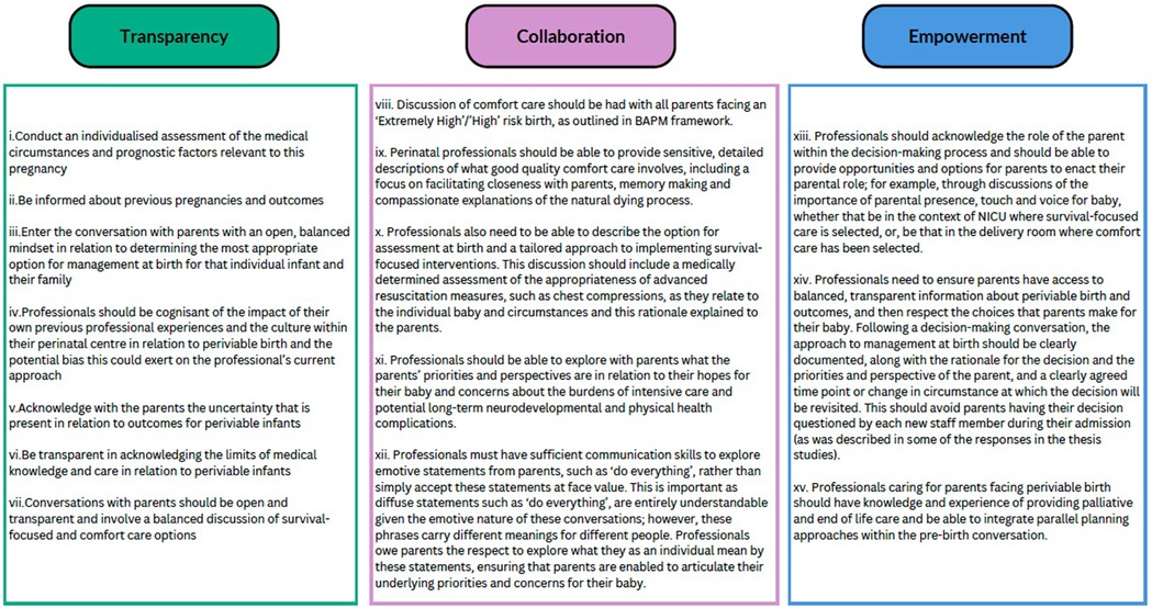 A document outlining professional guidelines under three headings: Transparency, Collaboration, and Empowerment. Transparency emphasizes individualized assessments, open conversations, and acknowledging medical limits. Collaboration entails discussions on comfort care, survival-focused interventions, and exploring parental perspectives. Empowerment focuses on acknowledging parental roles, providing balanced information, and ensuring clear documentation of birth management decisions. Each section contains detailed points supporting its theme.