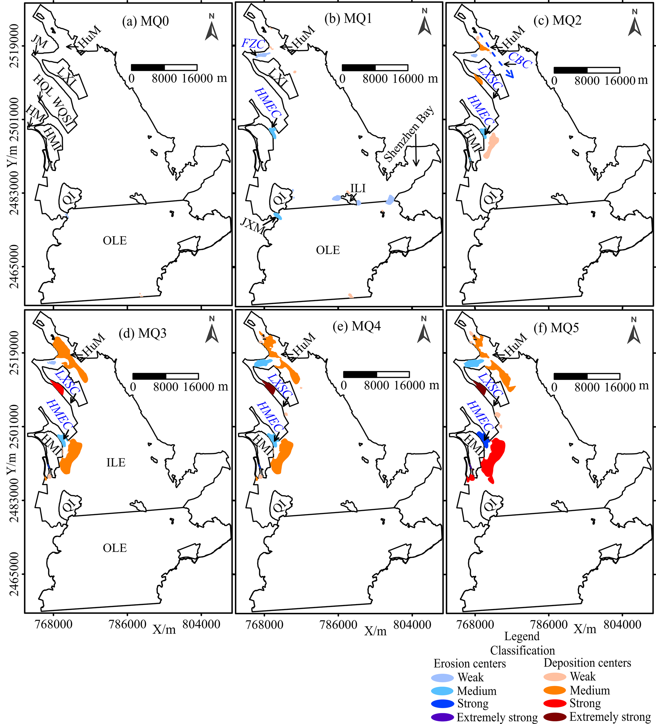 Six-part map series showing erosion and deposition centers in a geographic region over different time frames labeled from MQ0 to MQ5. Each map includes color-coded areas depicting erosion (blue shades) and deposition (orange and red shades) with varying intensities from weak to extremely strong. Key locations like OLE, ILE, and Shenzhen Bay are marked. A scale bar and north arrow are included for orientation. A legend explains the color classifications.