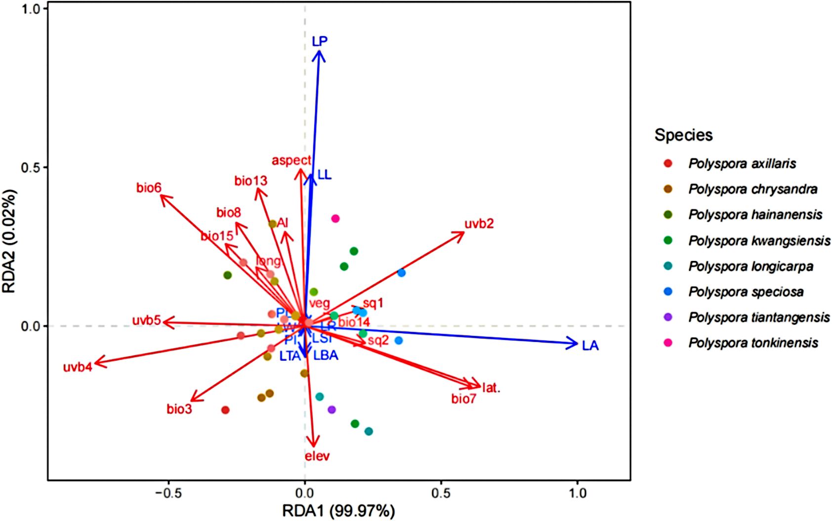 Ordination plot displaying RDA1 and RDA2 axes, accounting for 99.97% and 0.02% of variation, respectively. Arrows in red and blue represent environmental variables, with species points colored according to the legend on the right. Species include Polysora axillaris, chrysanthra, hainanensis, kwangsiensis, longicarpa, speciosa, tiantangensis, and tonkinensis, each represented by different colored dots.