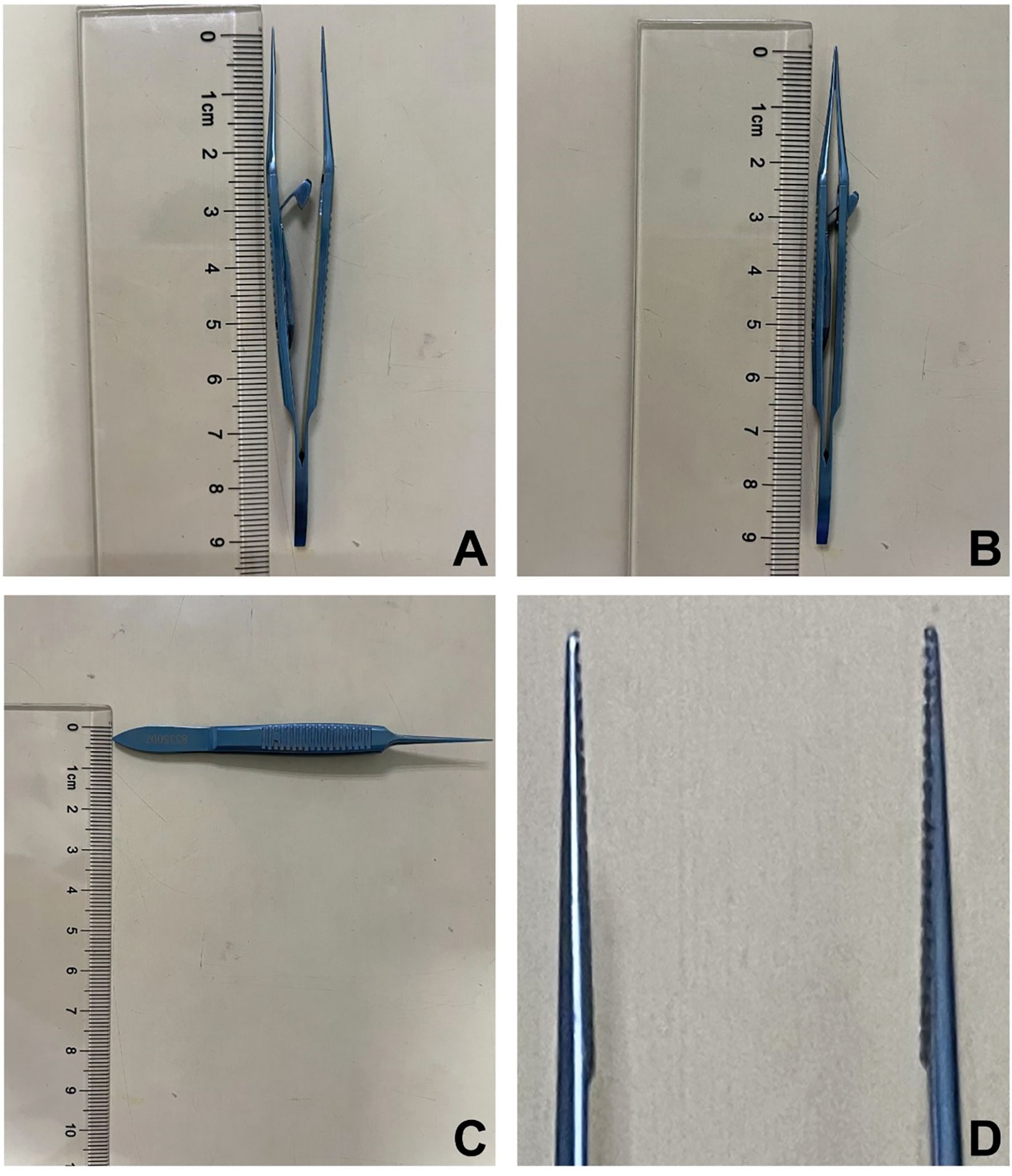 A set of four images showing blue medical forceps alongside a ruler. Image A and B depict the forceps from different vertical angles, displaying their length compared to the ruler. Image C shows the forceps horizontally, highlighting the handle's texture. Image D is a close-up of the forceps' tips, focusing on their serrated edges.