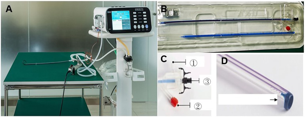 Medical equipment setup and components. Panel A shows a medical device on a stand with tubing on a green table. Panel B displays a packaged catheter. Panel C highlights a connector with labeled parts numbered one, two, and three. Panel D shows a close-up of a tube with an arrow pointing to its end.
