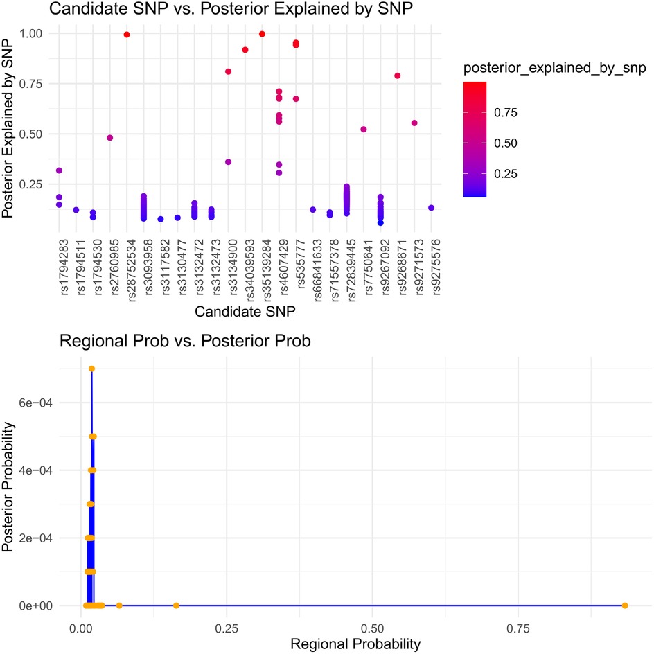 Two scatter plots showing Bayesian fine-mapping results for candidate SNPs. The top plot displays candidate SNPs on the x-axis and posterior explained probability on the y-axis, with points colored by probability (blue = low, red = high). Several SNPs show high posterior probability (>0.75), suggesting strong causal association. The bottom plot compares regional probability versus posterior probability, showing most SNPs clustered near zero with a few outliers indicating higher posterior support within specific regions.