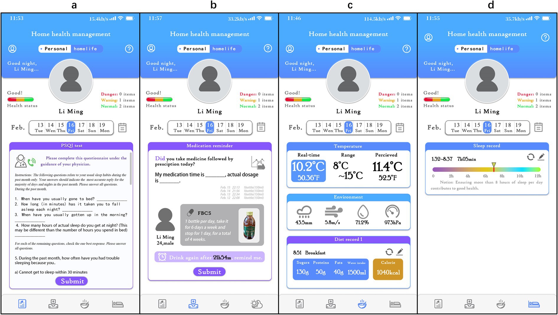 Four screenshots of a home health management app are displayed. Each shows sections including a profile with the name