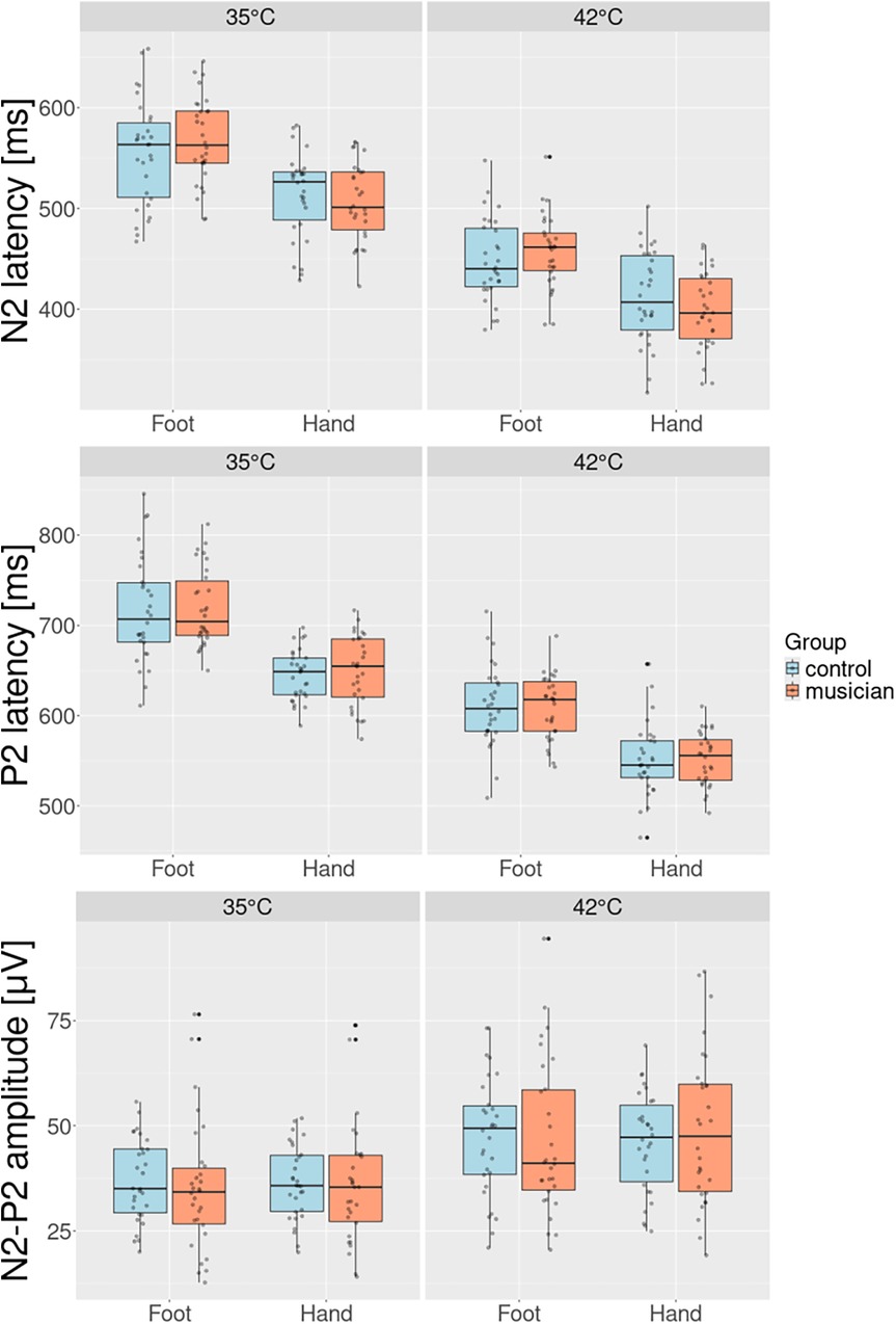 Nine box plots display comparisons of neural response metrics—N2 latency, P2 latency, and N2–P2 amplitude—between control and musician groups under painful thermal stimulation of the foot and hand at two baseline temperatures: 35 °C and 42 °C. Each row represents one metric, with N2 latency on top, P2 latency in the middle, and N2–P2 amplitude on the bottom. Each column corresponds to a temperature condition. In each plot, the x-axis shows body part (foot or hand), and the y-axis indicates the measured value. Blue boxes represent the control group and orange boxes represent musicians. Musicians tend to exhibit shorter latencies and slightly higher amplitudes, especially at 42 °C, suggesting group differences in neural processing efficiency under painful thermal stimulation.