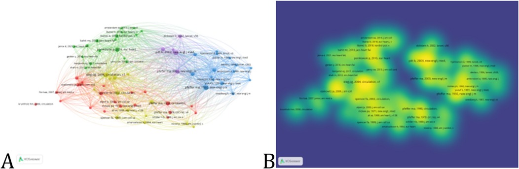 Panel A shows a network map with nodes and connecting lines, colored in red, green, yellow, blue, and purple, representing connections between different citations. Panel B presents a heat map with text labels, where brighter areas indicate higher density of data points. Both visuals use VOSviewer software.