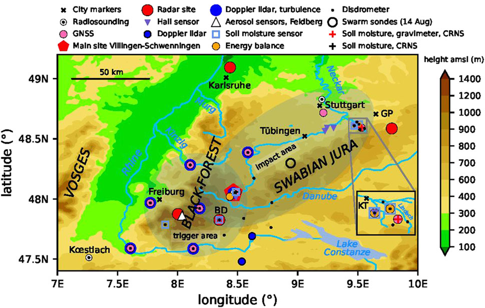 Map of southwest Germany showing various geographic markers and scientific measurement sites. It includes city markers, radar sites, and locations for soil moisture and energy balance sensors. Elevation is depicted using a color gradient. Major geographic regions like the Vosges, Black Forest, and Swabian Jura are labeled along with rivers like the Rhine and Danube. Specific locations include Karlsruhe, Stuttgart, Freiburg, and Tübingen. An inset highlights detailed sensor placements in the Lindach catchment. The main site is marked as Villingen-Schwenningen.