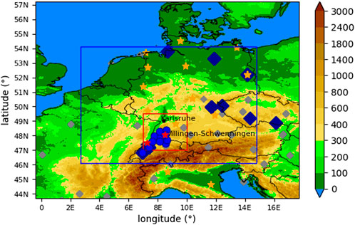 Map of Central Europe showing elevation data with a color gradient from 0 to 3000 meters. Key locations including Karlsruhe and Villingen-Schwenningen are marked. Various symbols represent different sites or features, overlaid with rectangular boundaries in red and blue.
