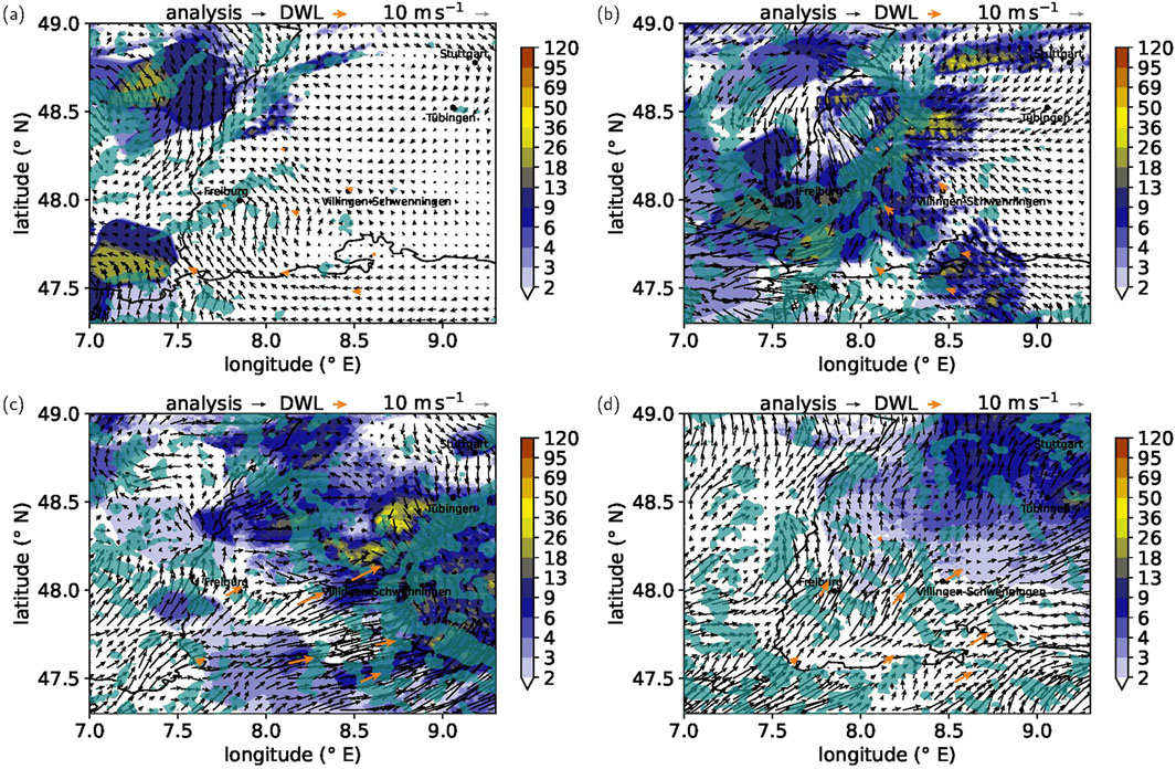 Four-panel weather analysis showing wind patterns and precipitation over southern Germany, with vectors indicating wind direction and speed. Each panel is labeled (a), (b), (c), and (d), featuring scales of up to 120 mm/h. Key cities like Stuttgart and Freiburg are marked. The maps use color gradients to represent varying precipitation rates.