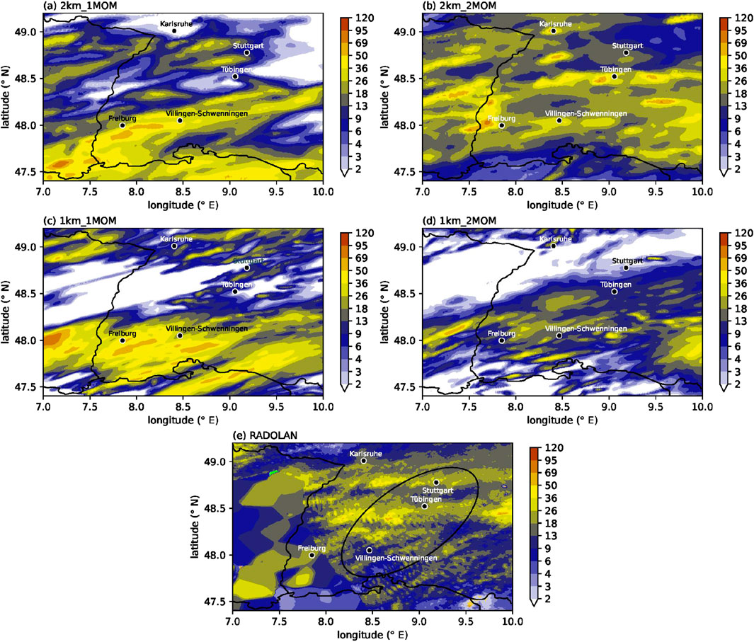 Five panels labeled (a) to (e) show geographic maps with varying data overlays, each representing rainfall intensity in different color scales from blue to red. Cities like Karlsruhe, Stuttgart, and Freiburg are marked. Panels (a) and (b) use 2km resolution, panels (c) and (d) use 1km resolution, Panals (a) and (c) show data from a model rund with 1 moment microphysics, Panals (b) and (d) with 2 moment microphysics. Panel (e) shows precipitation measurements from RADOLAN. Each panel includes a color bar indicating rainfall intensity of up to 120 millimeters.