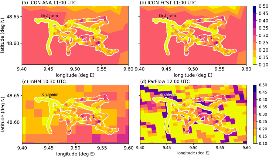 Four contour maps display varying data of volumetric water content with latitude ranging from 48.57 to 48.70 degrees North and longitude from 9.40 to 9.60 degrees East. Each map, labeled (a) ICON-ANA 11:00 UTC, (b) ICON-FCST 11:00 UTC, (c) mHM 10:30 UTC, and (d) ParFlow 12:00 UTC, uses a color gradient from yellow to purple, representing values between 0.10 and 0.50.