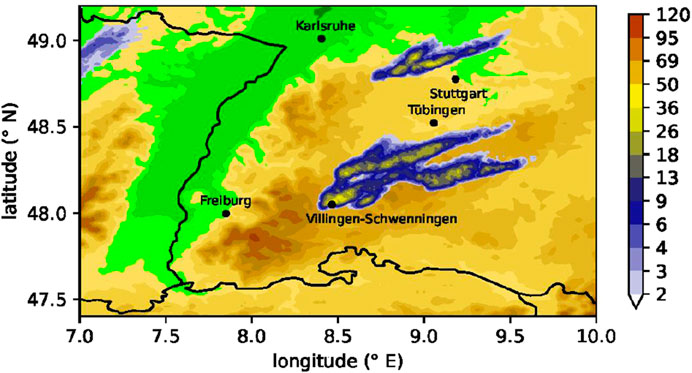 Topographic map of south-west Germany. Besides a color coded elevation information, precipitation amount as derived from RADOLAN for August 14th, 2023, are shown up to 120 mm.