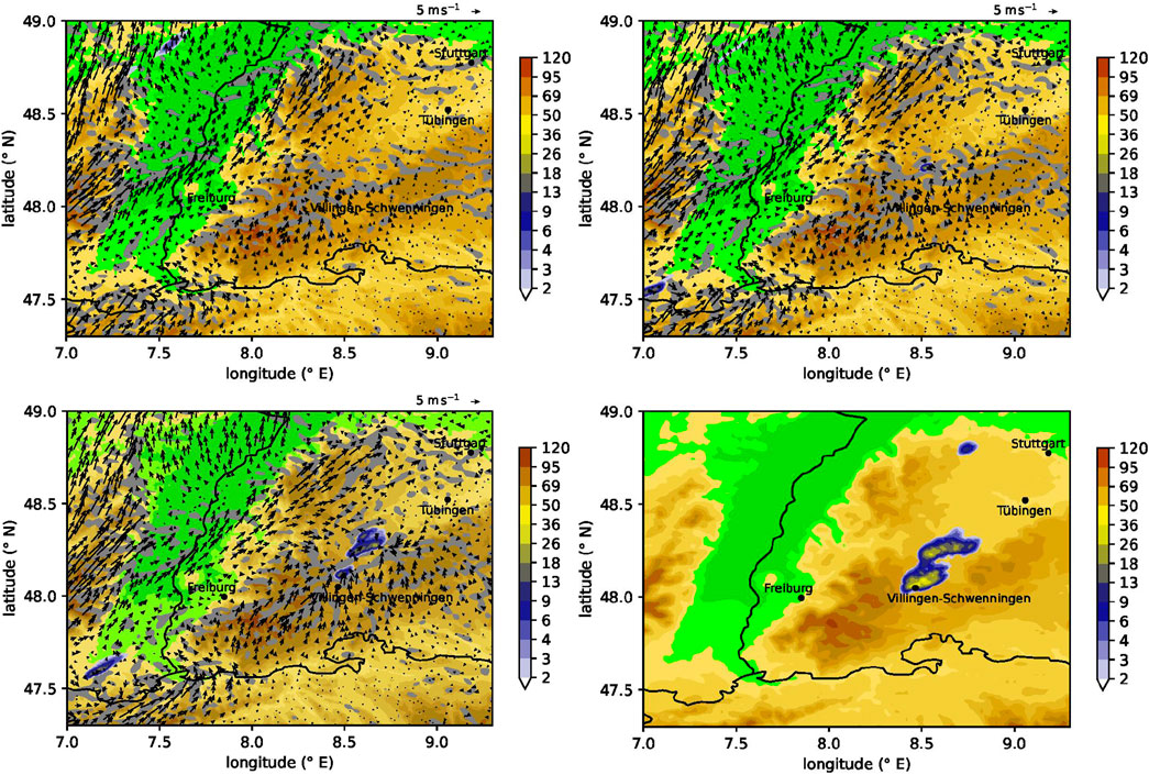 Four-panel map illustrations depict wind speed and direction across a region including cities like Freiburg, Stuttgart, and Tübingen. Color gradients represent elevation, with arrows indicating wind patterns. The first three panels show simulated wind speed and directions and 30-min precipitation accumulation up to 120 mm for 12:30 UTC, 13:00 UTC, and 13:30 UTC. The lower right panel shows the radar measured precipitation amount for the period from 12:30 UTC to 13:30 UTC.