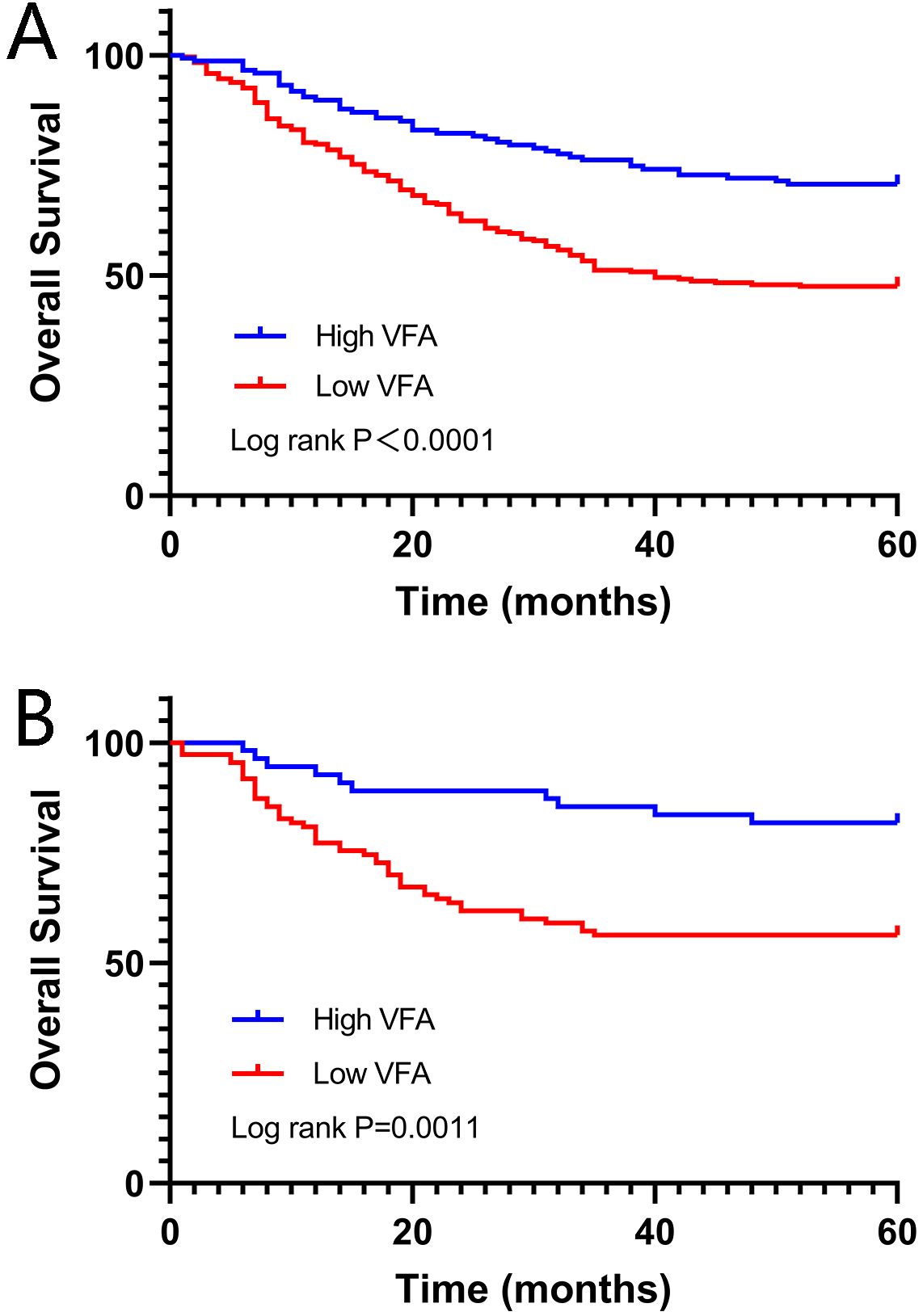 Kaplan-Meier survival curves comparing overall survival based on visceral fat area (VFA). Graph A shows high VFA (blue) has better survival compared to low VFA (red) with a log-rank p-value of less than 0.0001. Graph B also indicates better survival for high VFA with a log-rank p-value of 0.0011. Time is measured in months.