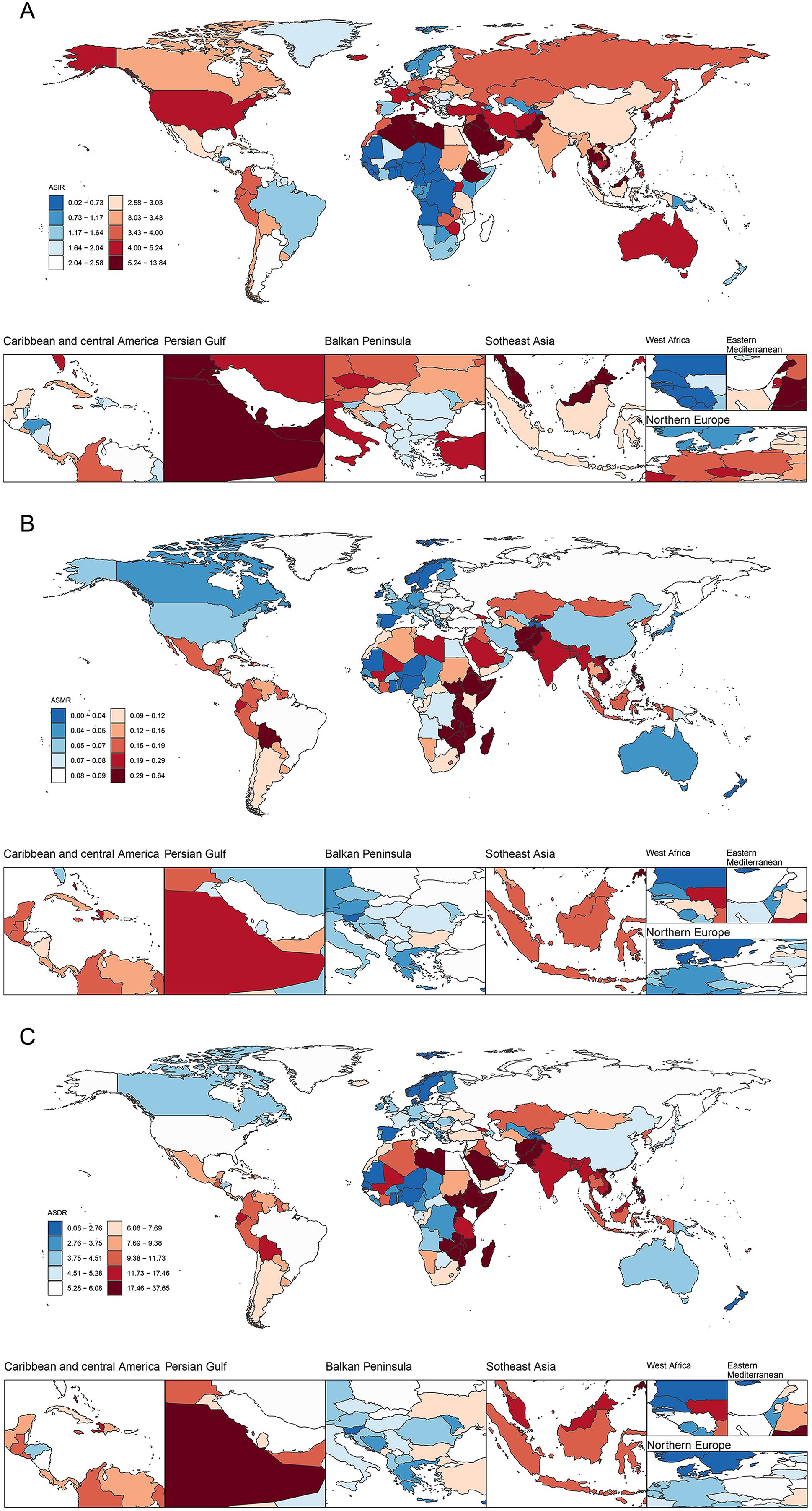 Global heatmaps display variations in different health-related rates across countries. Panel A shows Age-Standardized Incidence Rates (ASIR), Panel B illustrates Age-Standardized Mortality Rates (ASMR), and Panel C presents Age-Standardized Disability-Adjusted Life Year Rates (ASDR). Each panel includes detailed regional maps for Caribbean, Persian Gulf, Balkan Peninsula, Southeast Asia, West Africa, Eastern Mediterranean, and Northern Europe. Color gradients range from blue (lower rates) to red (higher rates).