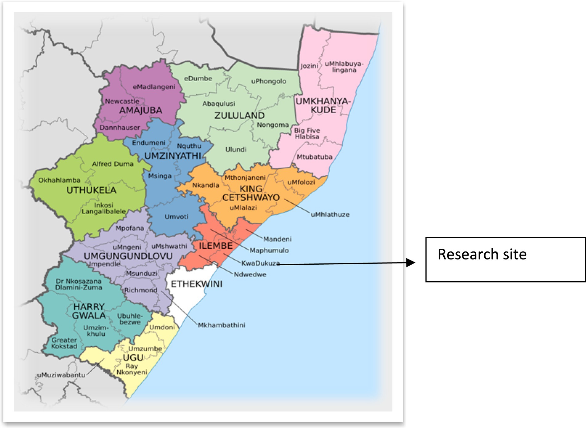 Map of the KwaZulu-Natal region in South Africa, showing various municipalities like Zululand, King Cetshwayo, and eThekwini, each in different colors. A labeled arrow points to a “Research site” in the King Cetshwayo area.