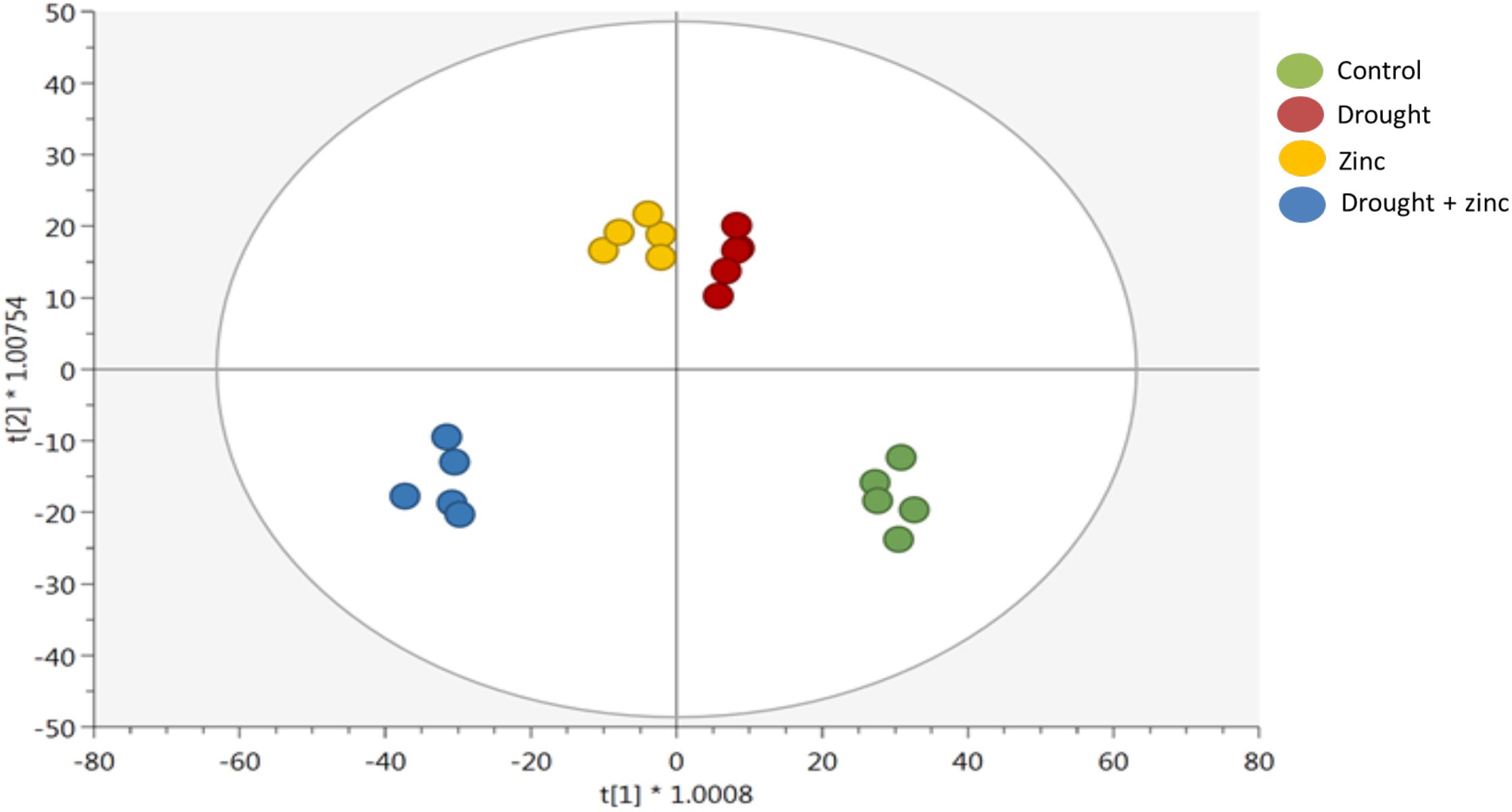 Scatter plot with four colored groups within a circle divided by cross-axes. Green represents Control, red is Drought, yellow is Zinc, and blue is Drought plus Zinc. Each group forms a cluster distinct from others.
