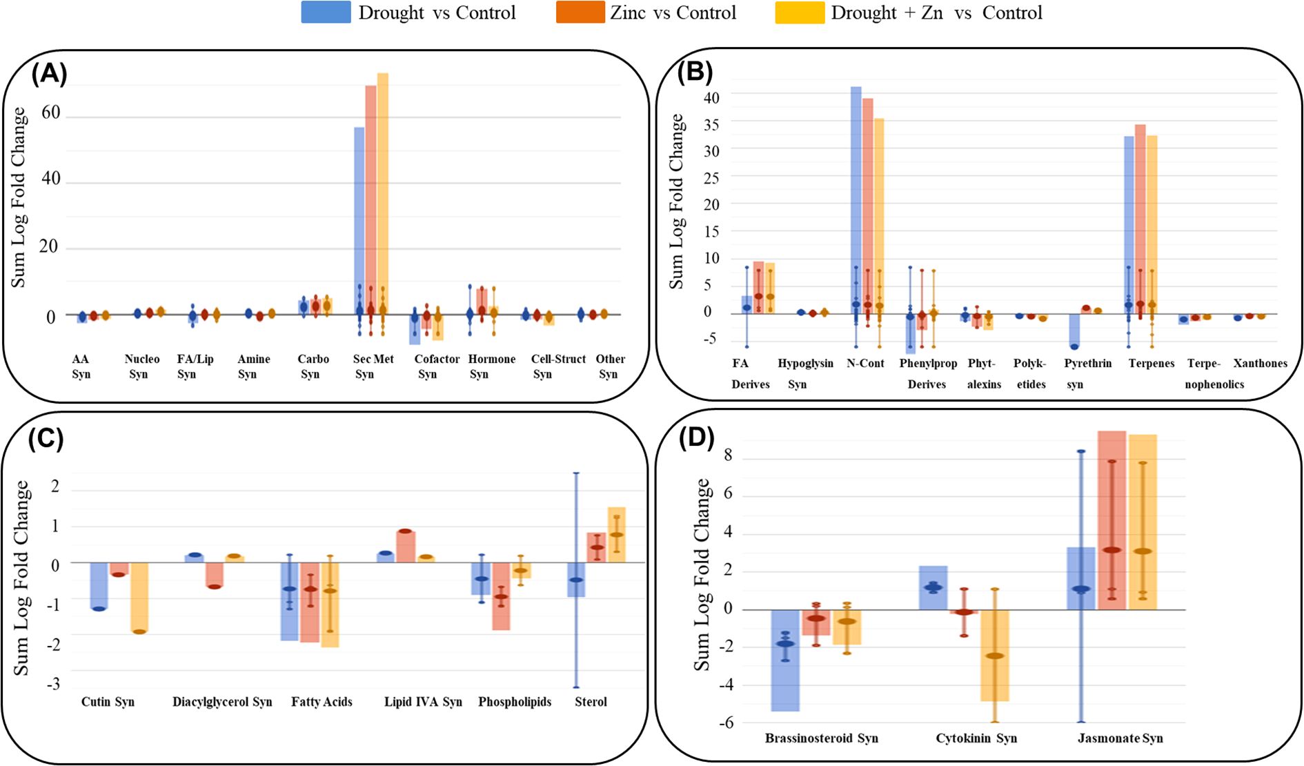 Four bar graphs labeled A to D compare the log fold changes in various synthesis processes under three conditions: drought (blue), zinc (orange), and drought with zinc (yellow). Graph A shows significant changes in secondary metabolism synthesis. Graph B highlights nitrogen-containing compounds and terpene accumulation. Graph C depicts minimal changes in lipid-related processes. Graph D illustrates changes in brassinosteroid, cytokinin, and jasmonate synthesis, with notable increases under the combined condition.