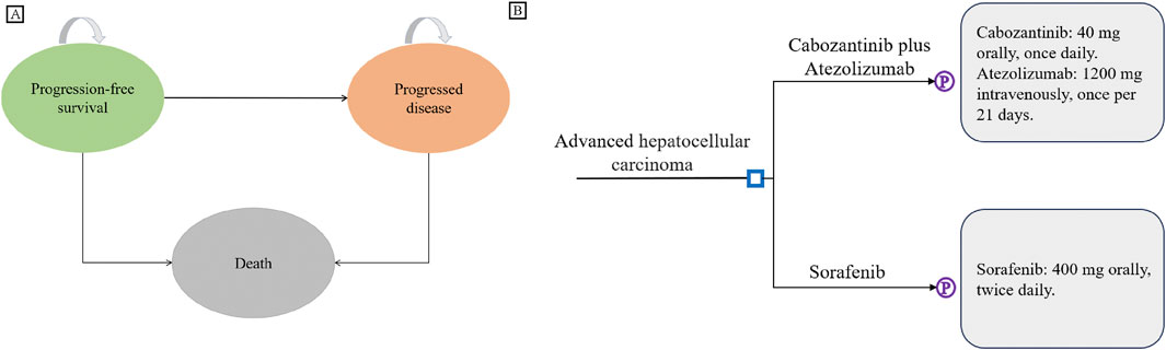 Diagram comparing treatments for advanced hepatocellular carcinoma. Panel A shows a cycle between progression-free survival, progressed disease, and death. Panel B outlines two treatments: Cabozantinib (40 mg orally, daily) plus Atezolizumab (1200 mg intravenously, every 21 days) and Sorafenib (400 mg orally, twice daily).