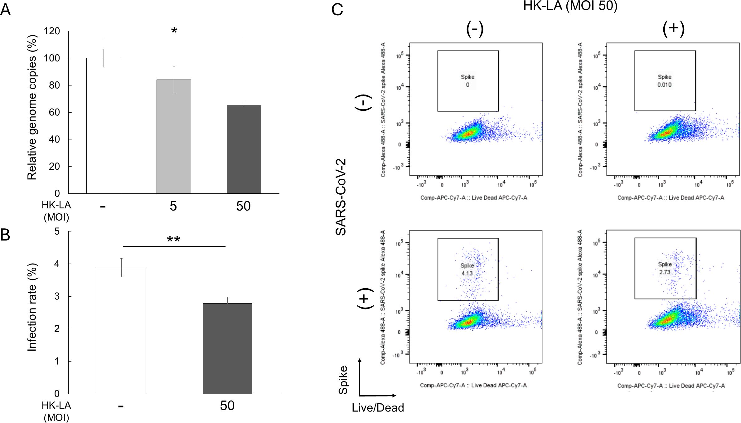 Graphs and scatter plots showing the effects of HK-LA on SARS-CoV-2 infection. Chart A displays relative genome copies, while Chart B shows infection rate percentages. Both charts demonstrate reduced values with increasing multiplicity of infection (MOI). Scatter plots in panel C compare the presence of spike proteins in different conditions, with data illustrating variations between negative and positive controls.