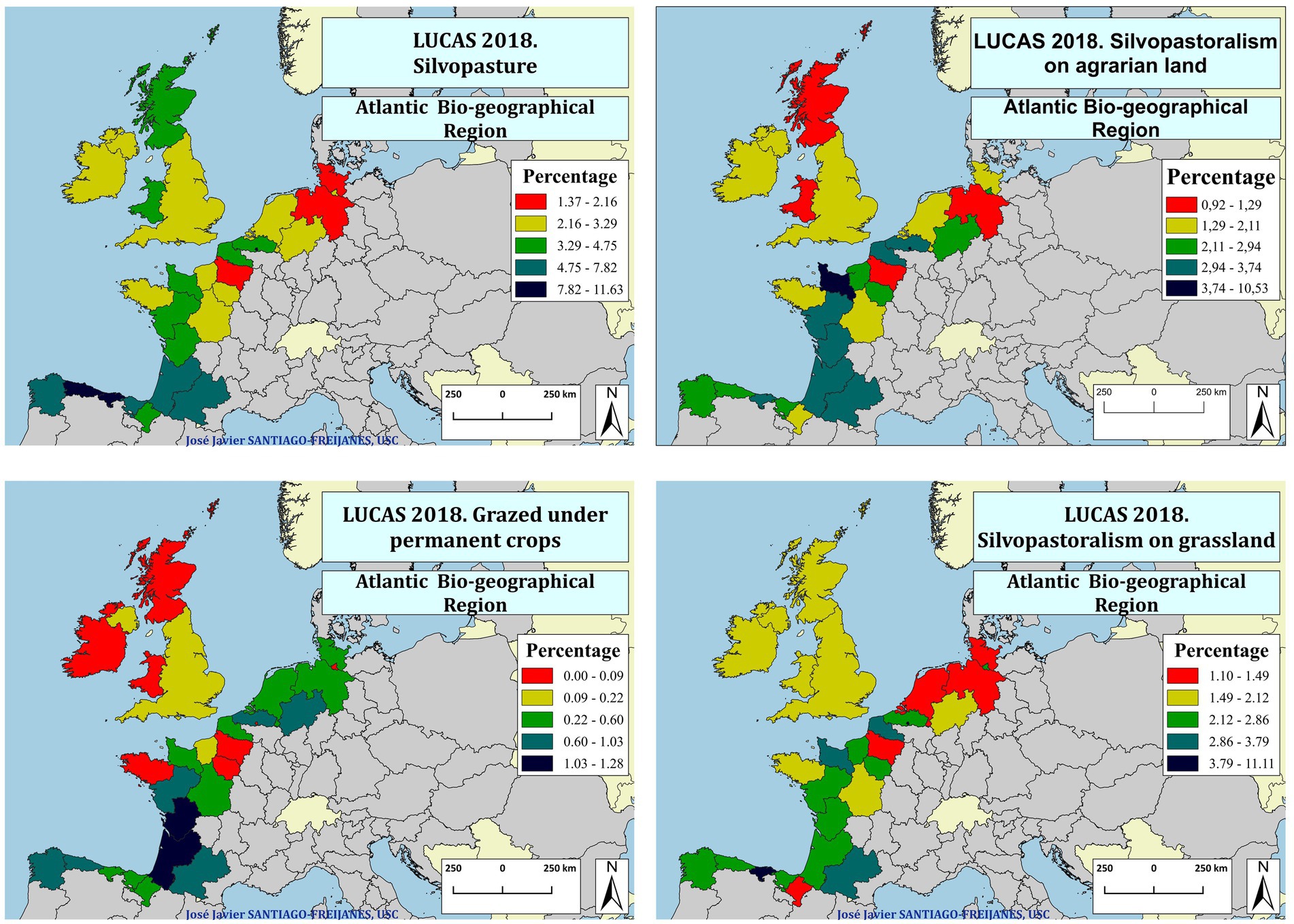 Maps showing silvopasture and silvopastoralism in the Atlantic Biogeographical Region according to LUCAS 2018. Each map uses color gradients to indicate varying percentages of silvopasture, silvopastoralism on agrarian land, grazing under permanent crops, and silvopastoralism on grassland. Regions in the United Kingdom, France, and Spain are notably highlighted in different colors, with legends provided to interpret the data scale.