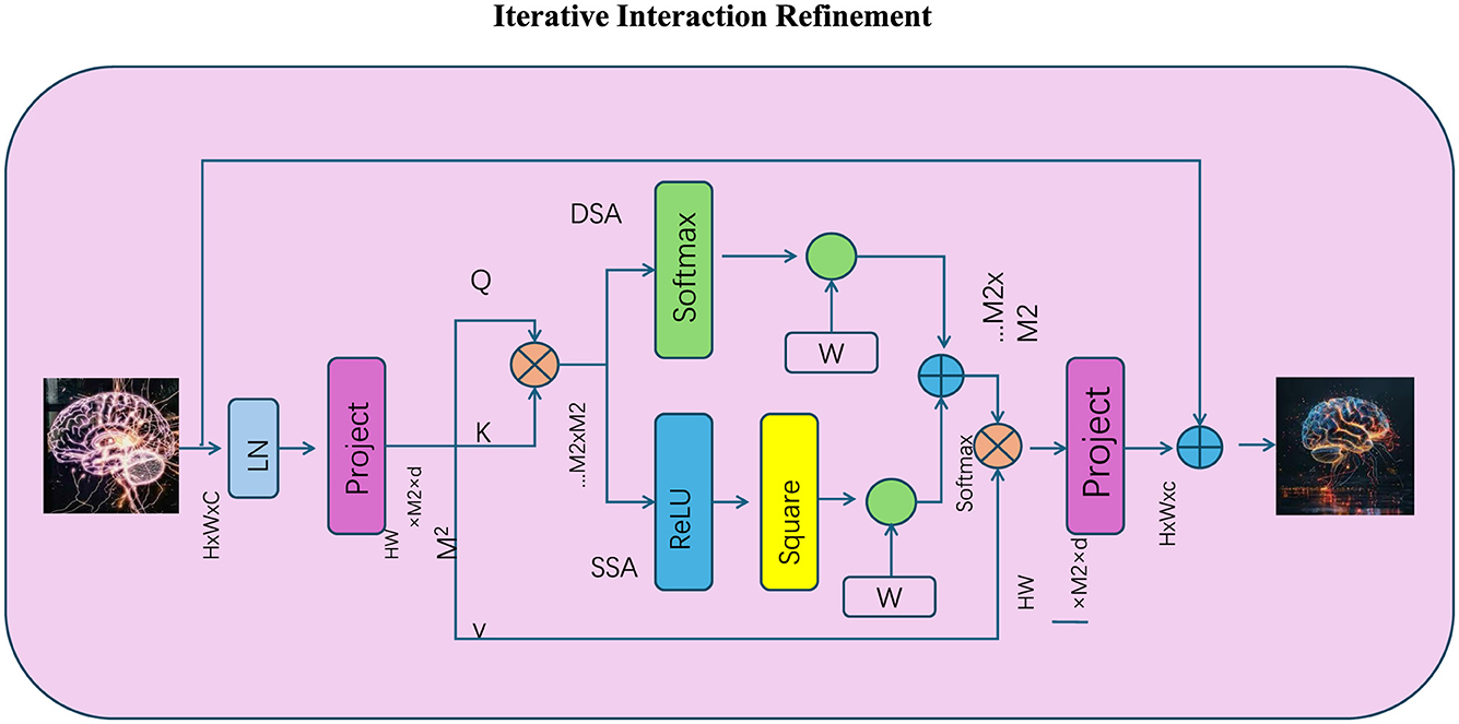 Diagram illustrating an iterative interaction refinement model. It includes components like Layer Normalization (LN), Project, ReLU, Square, and Softmax layers. Two brain images appear on the left and right, representing input and output. The process flows through the network, starting from LN, projecting through multiple layers, and returning to the output. The background is light pink.