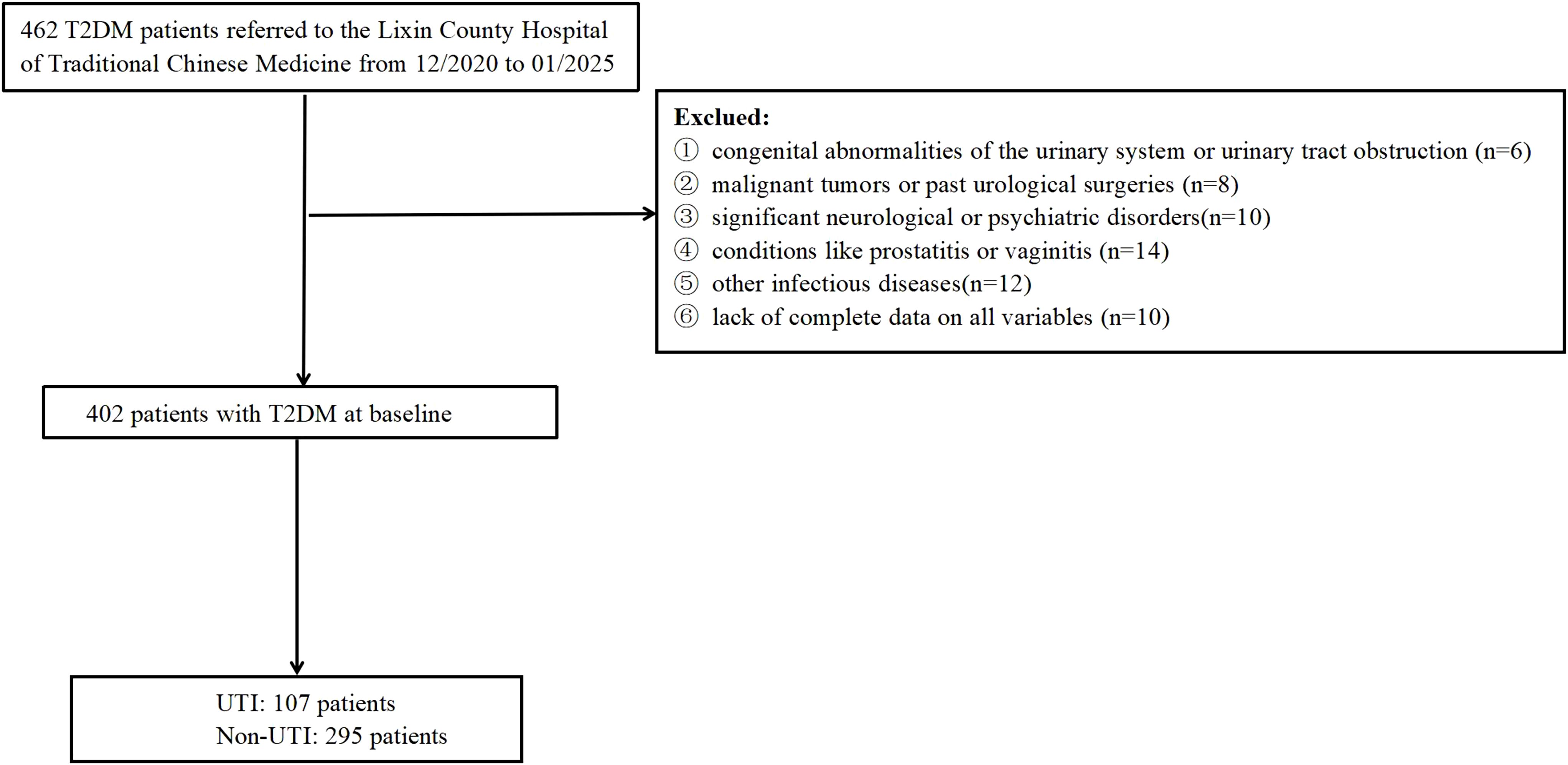 Flowchart showing the selection process of T2DM patients referred from December 2020 to January 2025. Out of 462 patients, 60 were excluded due to various conditions, leaving 402 at baseline. Of these, 107 had UTIs and 295 did not.