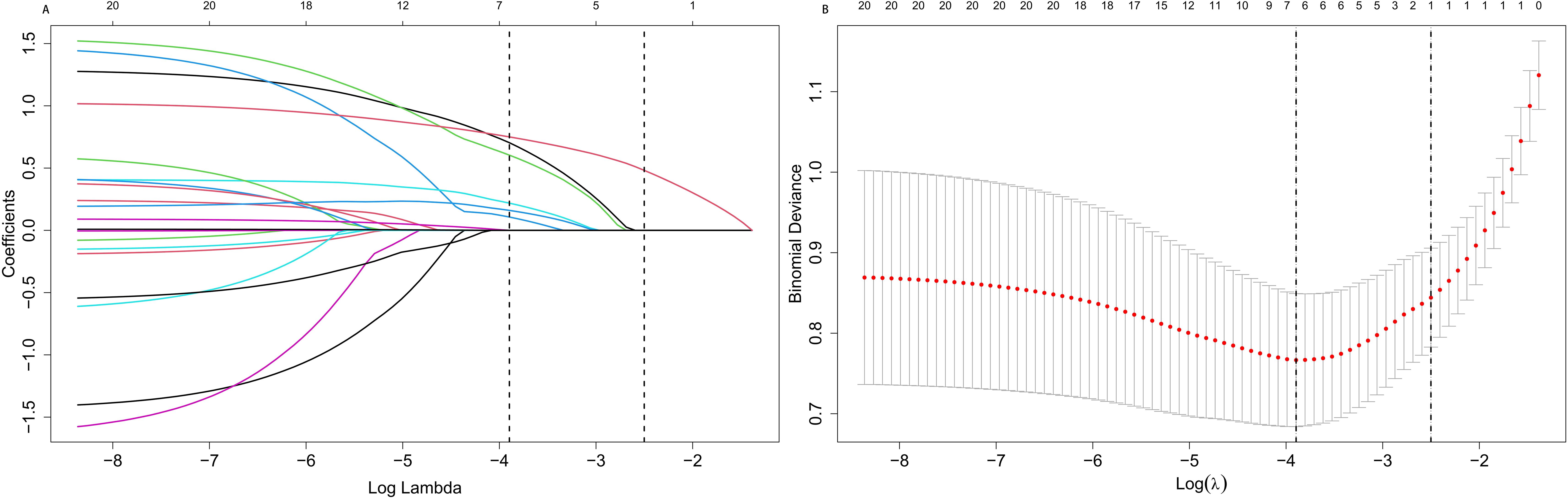 Two-panel graph showing regularization and model performance. The left panel charts coefficient paths for various variables against the logarithm of lambda. As lambda increases, coefficients generally move towards zero. The right panel presents binomial deviance against log of lambda. A U-shaped curve of red dots indicates deviance, with error bars highlighting variability, suggesting an optimal lambda range near the curve's lowest point.