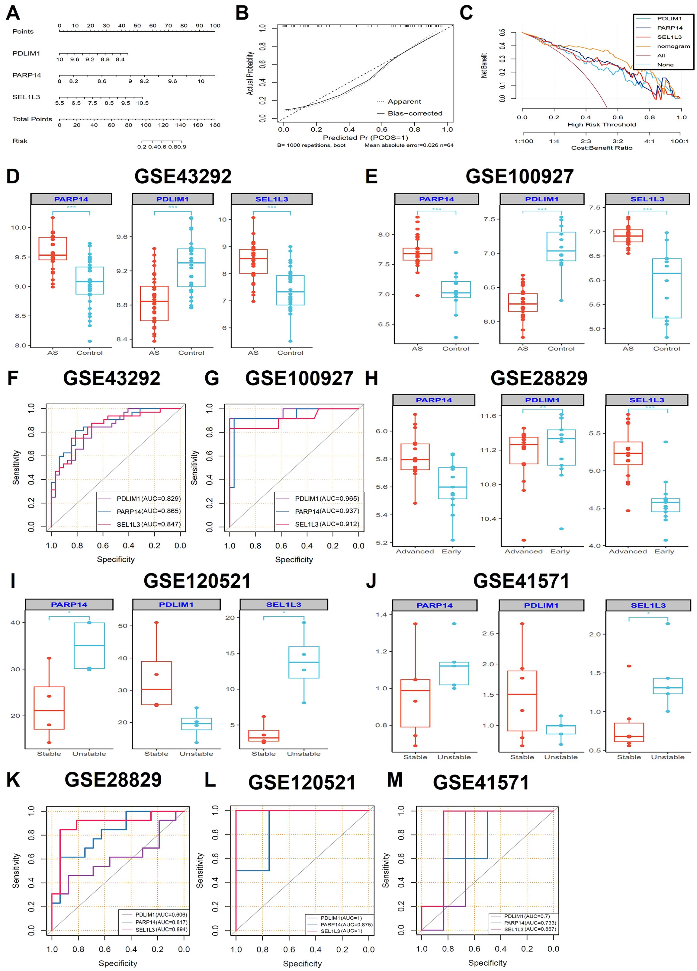 A multi-panel image showing various charts and plots. Panel A contains a nomogram for risk prediction. Panel B displays a calibration plot comparing predicted probabilities. Panel C is a decision curve analysis with risk thresholds. Panels D to J include box plots of gene expression in different datasets (GSE43292, GSE100927, GSE28829, GSE120521, GSE41571) across different conditions. Panels F, G, K, L, and M show ROC curves with AUC values for the datasets, highlighting the performance of gene markers PDLM1, PARP14, and SEL1L3.
