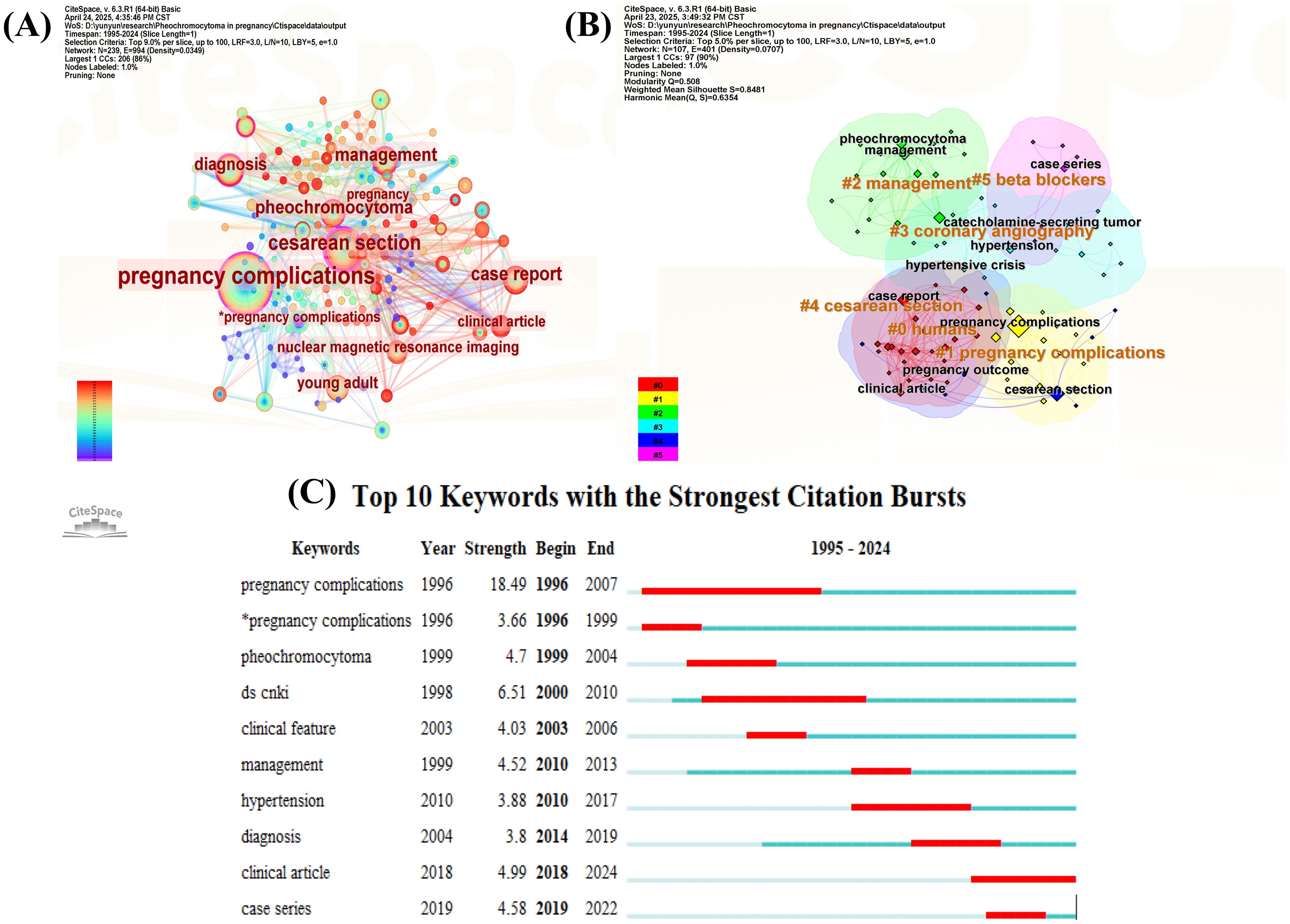 (A) Network visualization map showing keyword co-occurrence related to pregnancy complications, with terms like cesarean section and management. (B) Cluster visualization of keywords such as pheochromocytoma and coronary angiography. (C) Bar chart displaying the top ten keywords with the strongest citation bursts between 1995 and 2024, highlighting terms like pregnancy complications and clinical article.