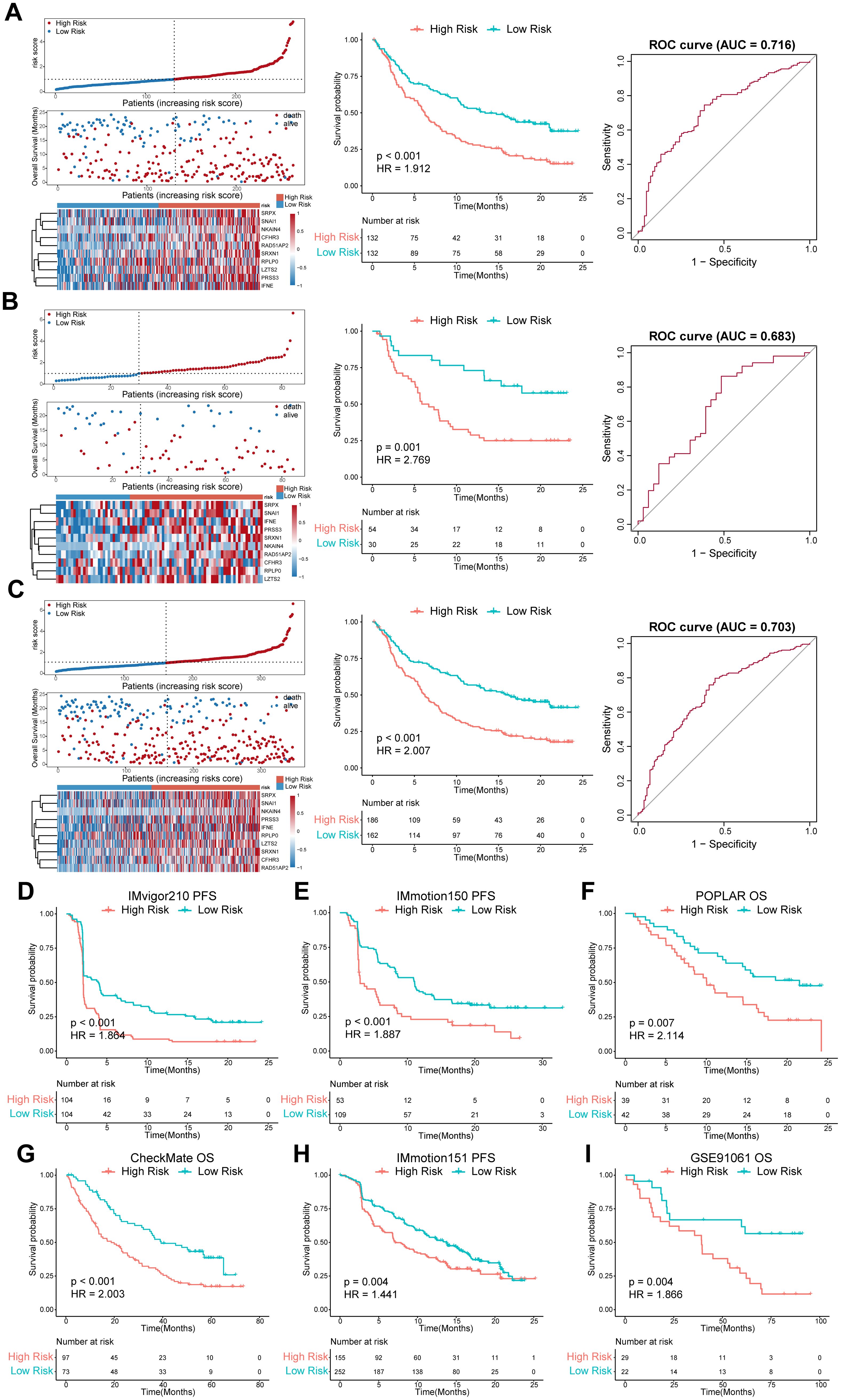 Grouped image of prognostic analyses for high-risk and low-risk patient groups. Panels A to C show risk scores, survival scatter plots, heat maps, Kaplan-Meier survival curves, and ROC curves with AUCs of 0.716, 0.683, and 0.703 respectively. Panels D to I display Kaplan-Meier survival curves for various datasets with p-values and hazard ratios indicating survival probabilities for both high and low-risk categories.