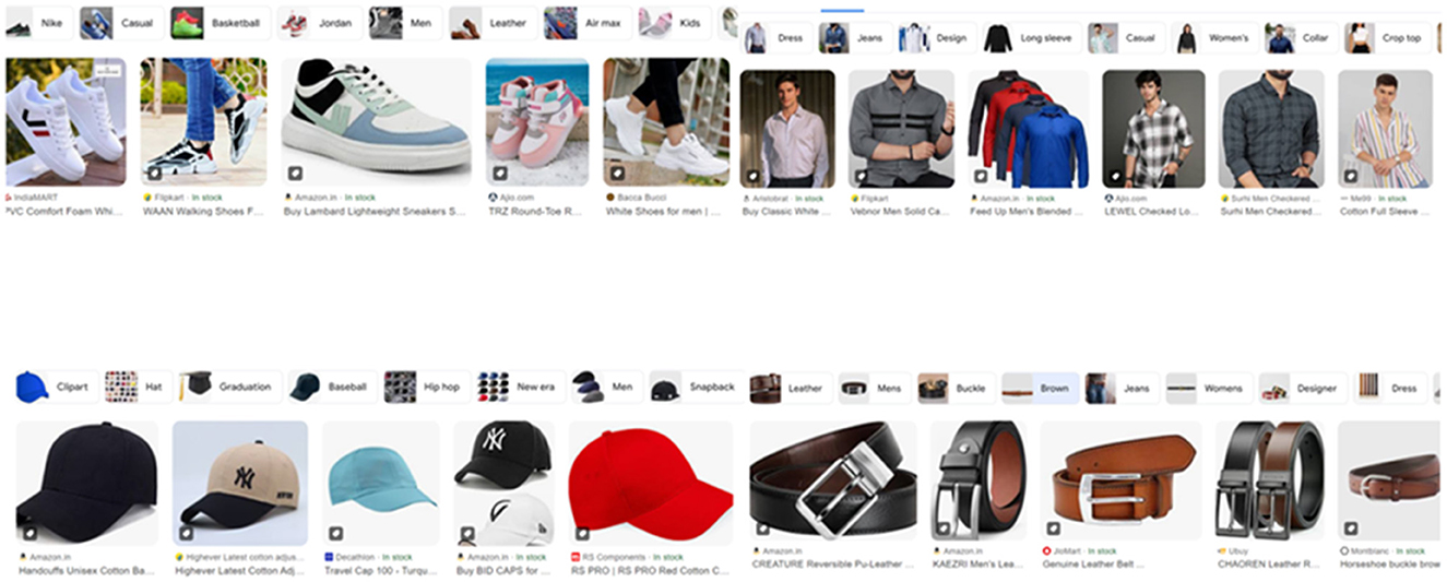 Search results for four different clothing items: shoes, shirts, caps, and belts. Each section displays thumbnail images of various styles and brands for the respective category. The shoes section includes sneakers and casual footwear, the shirts display men's casual and dress shirts, the caps show different styles of hats including baseball caps, and the belts section features leather belts with various buckle designs.