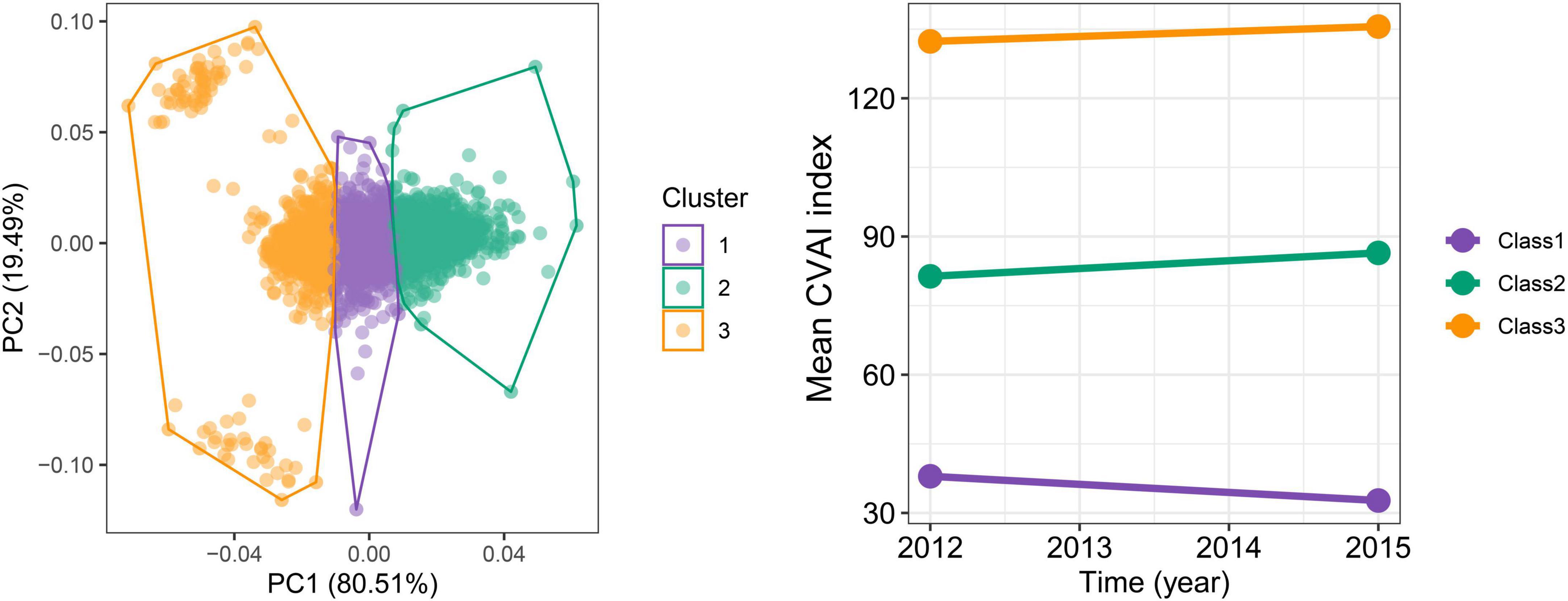 Left image: A scatter plot with principal component analysis (PCA) showing three clusters. PC1 explains 80.51% and PC2 explains 19.49% of variance. Clusters are marked in purple, green, and orange. Right image: A line graph showing the mean CVAI index for Class 1, Class 2, and Class 3 from 2012 to 2015. Class 1 starts around 30, Class 2 around 90, and Class 3 around 120, with Class 1 decreasing slightly and Class 3 increasing slightly over time.