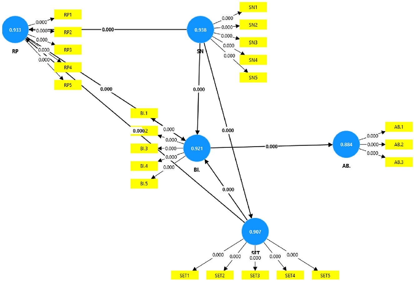 Flowchart illustrating a network model with blue circles labeled RP, SN, BI, AB, and SET, each with numerical values. Yellow boxes represent items such as RP1, SN1, etc., with connecting arrows and values indicating relationships.