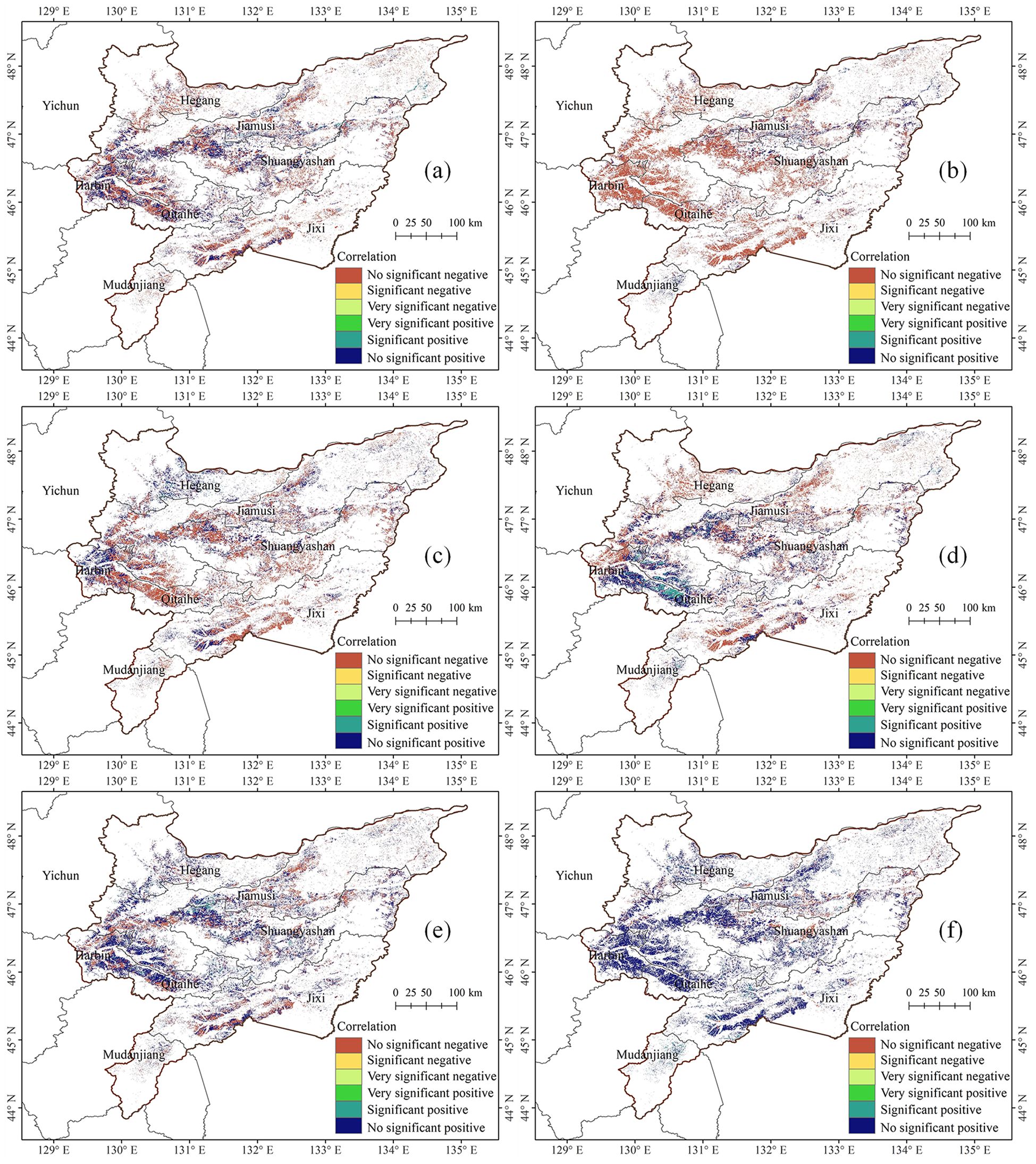Maps showing the distribution of correlation between the growth stages of maize and the meteorological factor in Sanjiang Plain from 2003 to 2022. Color gradients from Brown to Blue indicate correlation significance from negative to positive. Each map varies in correlation patterns, shown with color changes across the region.