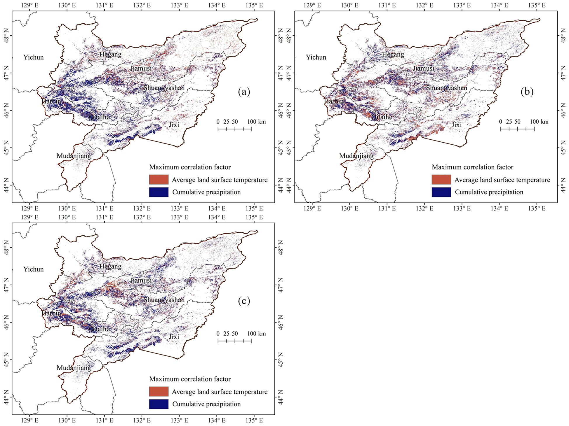Three maps showing the distribution of maximum meteorological influencing factors on maize at different growth stages in the Sanjiang Plain from 2003 to 2022. Each map highlights areas of maximum correlation factors using color coding: red for average land surface temperature and blue for cumulative precipitation.