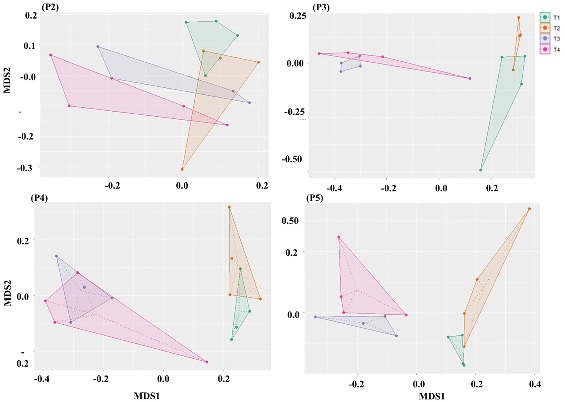 Multidimensional scaling plots labeled P2, P3, P4, and P5 illustrate relationships between data points with variables MDS1 and MDS2. Each plot contains polygons shaded in pink, blue, green, and orange, representing groups T1, T2, T3, and T4. Each group is plotted differently across the charts, demonstrating variations in data distribution.