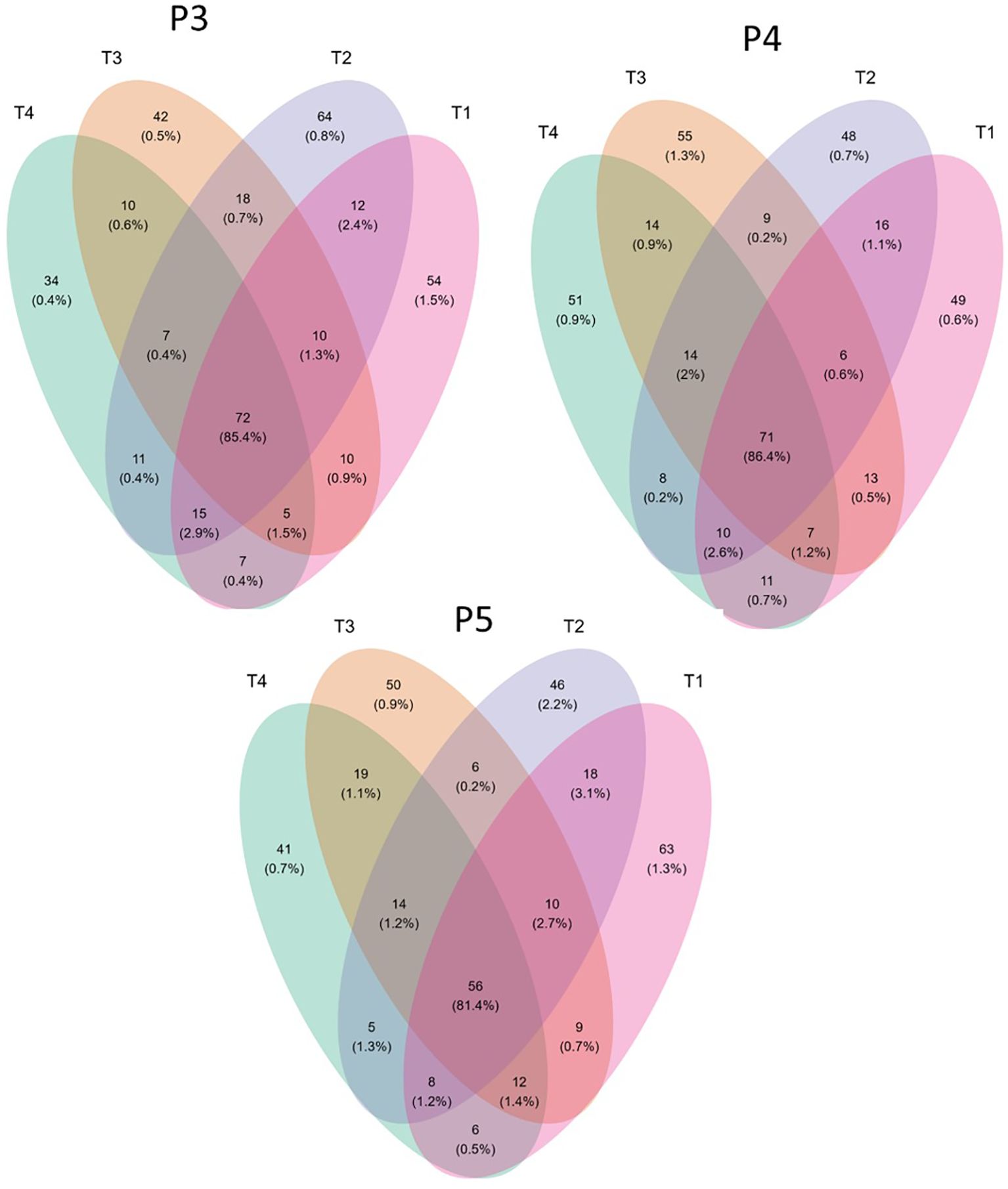 Three Venn diagrams labeled P3, P4, and P5 illustrate data distribution among four sets: T1, T2, T3, and T4. Each diagram shows overlapping colored areas representing shared elements between the sets, with numbers indicating quantities and percentages within intersections and individual areas.