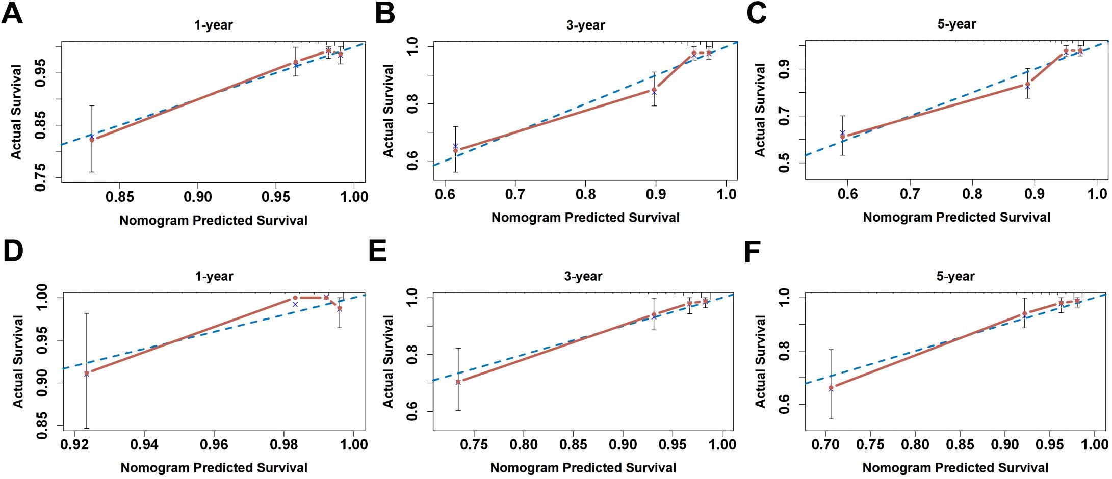 Six calibration plots labeled A to F compare nomogram-predicted survival with actual survival over one, three, and five years. Each graph shows a blue dashed line (ideal prediction) and a solid red line (actual data) with error bars. Plots A, D represent one-year survival; B, E represent three-year survival; C, F represent five-year survival. Each graph indicates the model's accuracy over time, with actual outcomes closely matching predictions across varying survival rates.