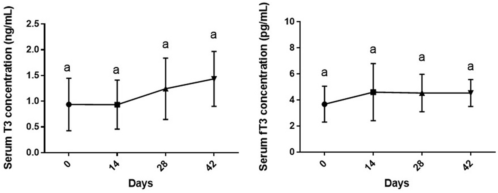 Two line graphs showing serum T3 and fT3 concentrations over forty-two days. The left graph tracks T3 concentration in nanograms per milliliter, showing a gradual increase. The right graph shows fT3 concentration in picograms per milliliter, remaining relatively stable. Both graphs use lines with markers indicating error bars and data points.
