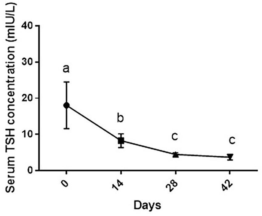 Line graph showing a decrease in serum TSH concentration in milli-international units per milliliter over 42 days. Initial concentration is around 22 mIU/L on day 0, dropping to approximately 11 mIU/L on day 14 and stabilizing around 6 mIU/L by days 28 and 42. Data points are marked with error bars.